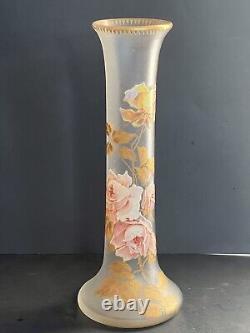 Antique 15.5 Tall Signed Mont Joye French Art Glass Vase Enamel Pink Roses Gilt