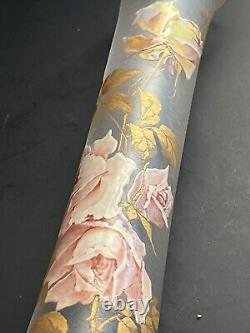 Antique 15.5 Tall Signed Mont Joye French Art Glass Vase Enamel Pink Roses Gilt