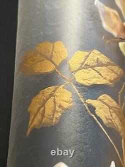 Antique 15.5 Tall Signed Mont Joye French Art Glass Vase Enamel Pink Roses Gilt