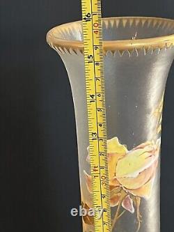 Antique 15.5 Tall Signed Mont Joye French Art Glass Vase Enamel Pink Roses Gilt
