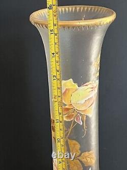 Antique 15.5 Tall Signed Mont Joye French Art Glass Vase Enamel Pink Roses Gilt