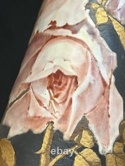 Antique 15.5 Tall Signed Mont Joye French Art Glass Vase Enamel Pink Roses Gilt