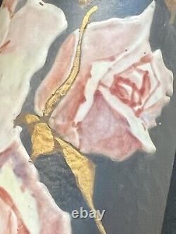 Antique 15.5 Tall Signed Mont Joye French Art Glass Vase Enamel Pink Roses Gilt