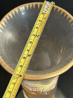 Antique 15.5 Tall Signed Mont Joye French Art Glass Vase Enamel Pink Roses Gilt