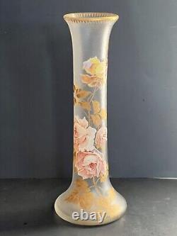 Antique 15.5 Tall Signed Mont Joye French Art Glass Vase Enamel Pink Roses Gilt