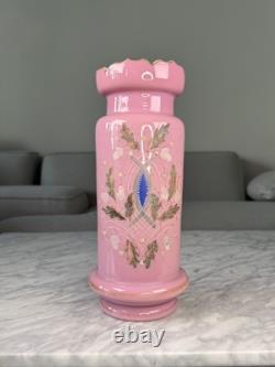 Antique 1850 French Painted Oak Tree Leaves Opaline Pink Glass Vase Rare 11.5