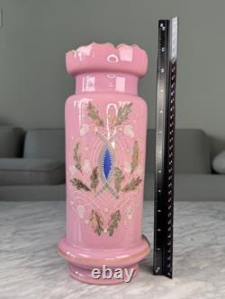 Antique 1850 French Painted Oak Tree Leaves Opaline Pink Glass Vase Rare 11.5