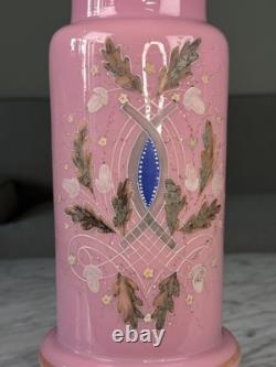 Antique 1850 French Painted Oak Tree Leaves Opaline Pink Glass Vase Rare 11.5