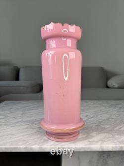 Antique 1850 French Painted Oak Tree Leaves Opaline Pink Glass Vase Rare 11.5