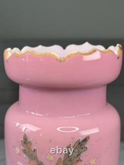 Antique 1850 French Painted Oak Tree Leaves Opaline Pink Glass Vase Rare 11.5