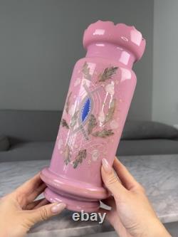 Antique 1850 French Painted Oak Tree Leaves Opaline Pink Glass Vase Rare 11.5
