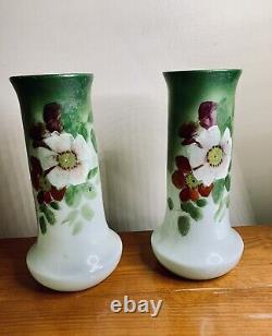 Antique 1900-1910 Art Nouveau French Glass Vases Translucent Handpainted, Set 2
