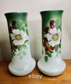 Antique 1900-1910 Art Nouveau French Glass Vases Translucent Handpainted, Set 2