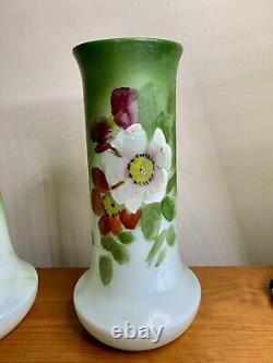 Antique 1900-1910 Art Nouveau French Glass Vases Translucent Handpainted, Set 2