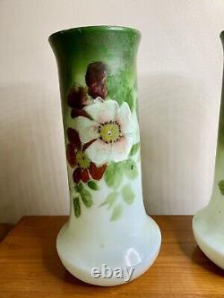 Antique 1900-1910 Art Nouveau French Glass Vases Translucent Handpainted, Set 2