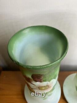 Antique 1900-1910 Art Nouveau French Glass Vases Translucent Handpainted, Set 2