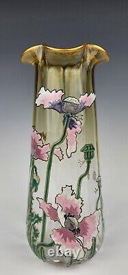 Antique 1900 LEGRAS MONTJOYE Enameled Yellow French Art Nouveau Glass Poppy Vase