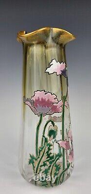 Antique 1900 LEGRAS MONTJOYE Enameled Yellow French Art Nouveau Glass Poppy Vase