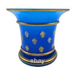 Antique 19th C French Blue Opaline Glass Planter Vase Votive Fleur-de-lis Gilded