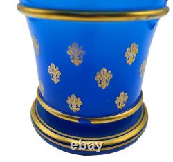 Antique 19th C French Blue Opaline Glass Planter Vase Votive Fleur-de-lis Gilded