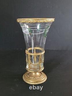 Antique 19th Century French Ormolu Glass Vase. Hand painted. Gilt brass 8.5x5