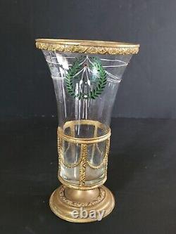 Antique 19th Century French Ormolu Glass Vase. Hand painted. Gilt brass 8.5x5