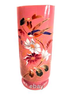 Antique 19th Century French Painted Floral Opaline Pink Glass Vase Artist Cipher