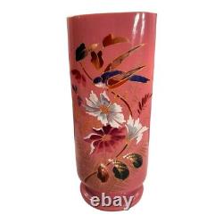 Antique 19th Century French Painted Floral Opaline Pink Glass Vase Artist Cipher