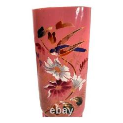 Antique 19th Century French Painted Floral Opaline Pink Glass Vase Artist Cipher