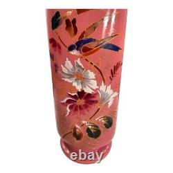 Antique 19th Century French Painted Floral Opaline Pink Glass Vase Artist Cipher