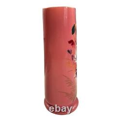 Antique 19th Century French Painted Floral Opaline Pink Glass Vase Artist Cipher