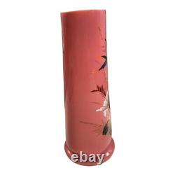 Antique 19th Century French Painted Floral Opaline Pink Glass Vase Artist Cipher