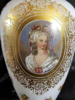 Antique 19th French Hand Painted Opaline Art Glass Portrait Vase 14.25