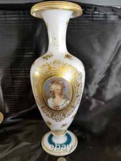 Antique 19th French Hand Painted Opaline Art Glass Portrait Vase 14.25