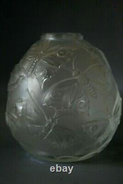 Antique Art Deco French Frosted Glass Vase Butterfly Pattern