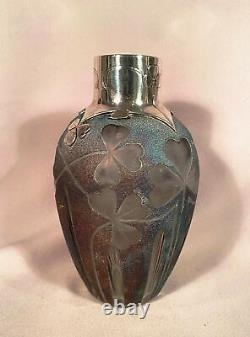 Antique Art Nouveau French Clover Etched Art Glass Sterling Vase