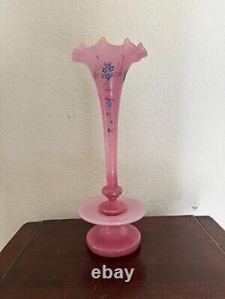 Antique Art Nouveau French Enamel Pink Opaline Rim Vase, 2/Parts