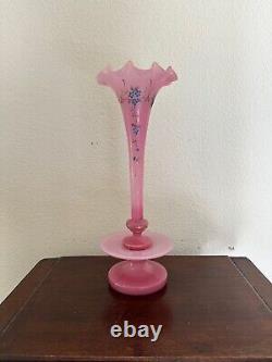 Antique Art Nouveau French Enamel Pink Opaline Rim Vase, 2/Parts
