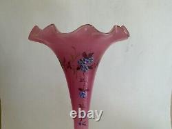 Antique Art Nouveau French Enamel Pink Opaline Rim Vase, 2/Parts