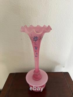 Antique Art Nouveau French Enamel Pink Opaline Rim Vase, 2/Parts