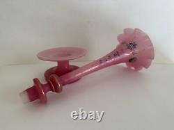 Antique Art Nouveau French Enamel Pink Opaline Rim Vase, 2/Parts