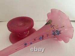Antique Art Nouveau French Enamel Pink Opaline Rim Vase, 2/Parts