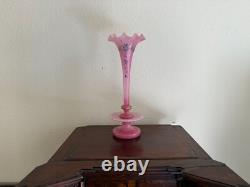 Antique Art Nouveau French Enamel Pink Opaline Rim Vase, 2/Parts