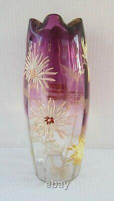 Antique Art Nouveau Legras France Enameled Art Glass Chrysanthemum Vase 9 3/4