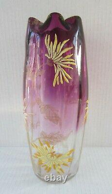 Antique Art Nouveau Legras France Enameled Art Glass Chrysanthemum Vase 9 3/4