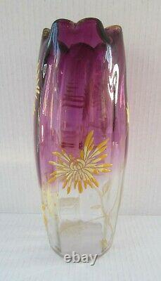 Antique Art Nouveau Legras France Enameled Art Glass Chrysanthemum Vase 9 3/4