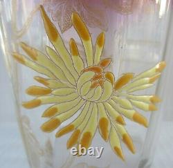 Antique Art Nouveau Legras France Enameled Art Glass Chrysanthemum Vase 9 3/4