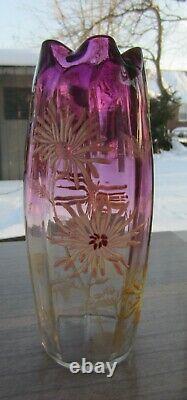 Antique Art Nouveau Legras France Enameled Art Glass Chrysanthemum Vase 9 3/4