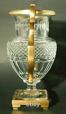 Antique Baccarat Cut Crystal Pedestal Vase with Gilt Bronze Metal Frame + Handles