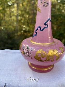 Antique Baccarat French pink opaline painted quaterfoil Enamel Glass vase
